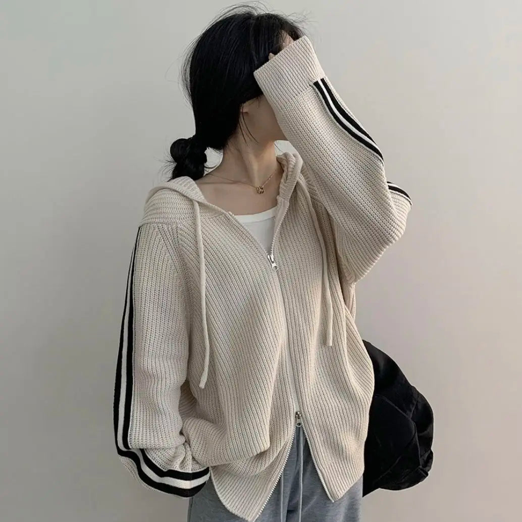 Double Zipper Knitted Cardigans Women Autumn Winter Thicken Warm Hooded Sweater