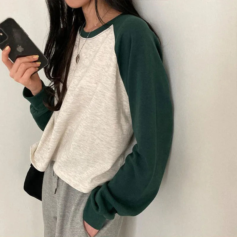 Women Spring Cotton Version Patchwork Tops Long Sleeve Sweet Loose Korean Style Leisure All-match Students