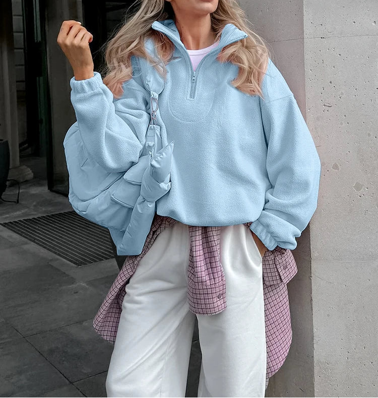 Women Autumn Winter Fleece Hoodies Elegant Stand Collar Zipper Loose Sweatshirt Elegant Solid Pullover Casual Top Streetwear