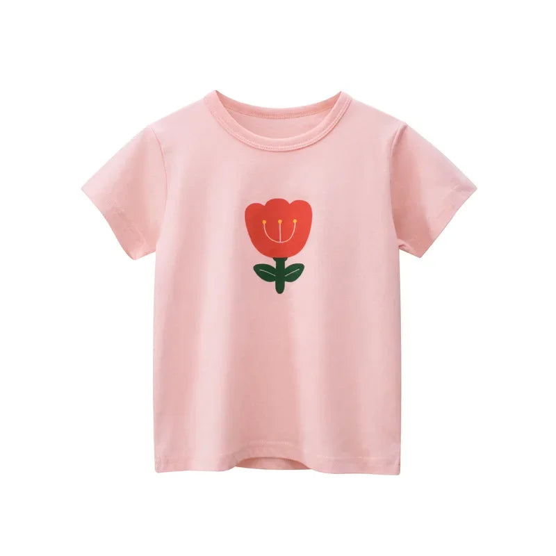 Toddler Kid Girls Cotton T Shirt Short Sleeve Infant Top Cartoon Flower