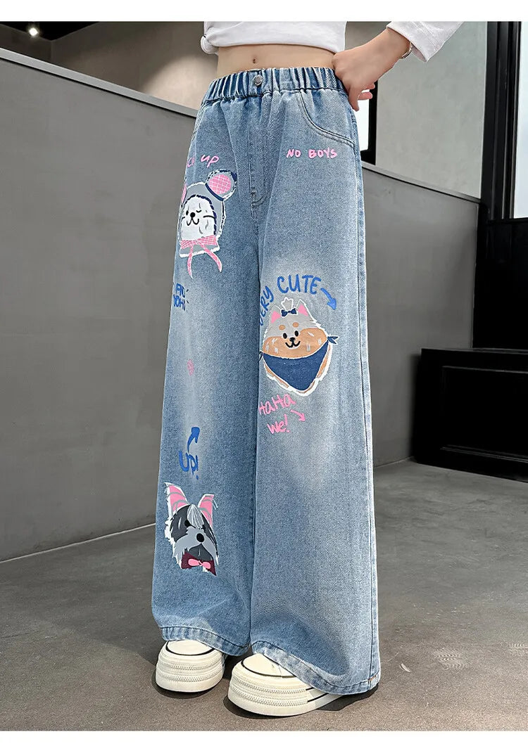 Girls' Cartoon Print Jeans Autumn Teenage Children's Fashion Wide Leg Denim Pants Kids Spring Outwear