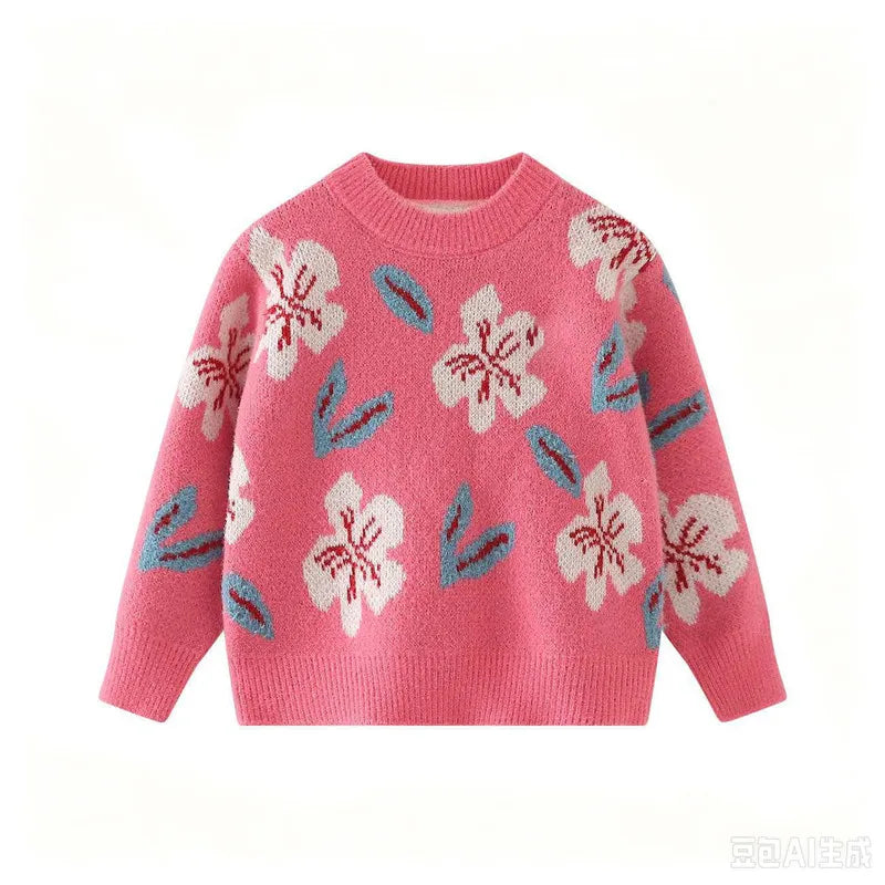 Girls' Vintage Jacquard Pullover Sweater, New Autumn-Winter Versatile
