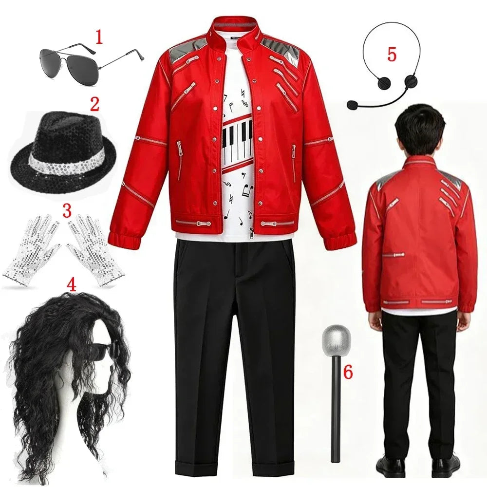 Kids Cosplay Dance Star Costume Set Red Printed 80s 90s Stage Party Outfit
