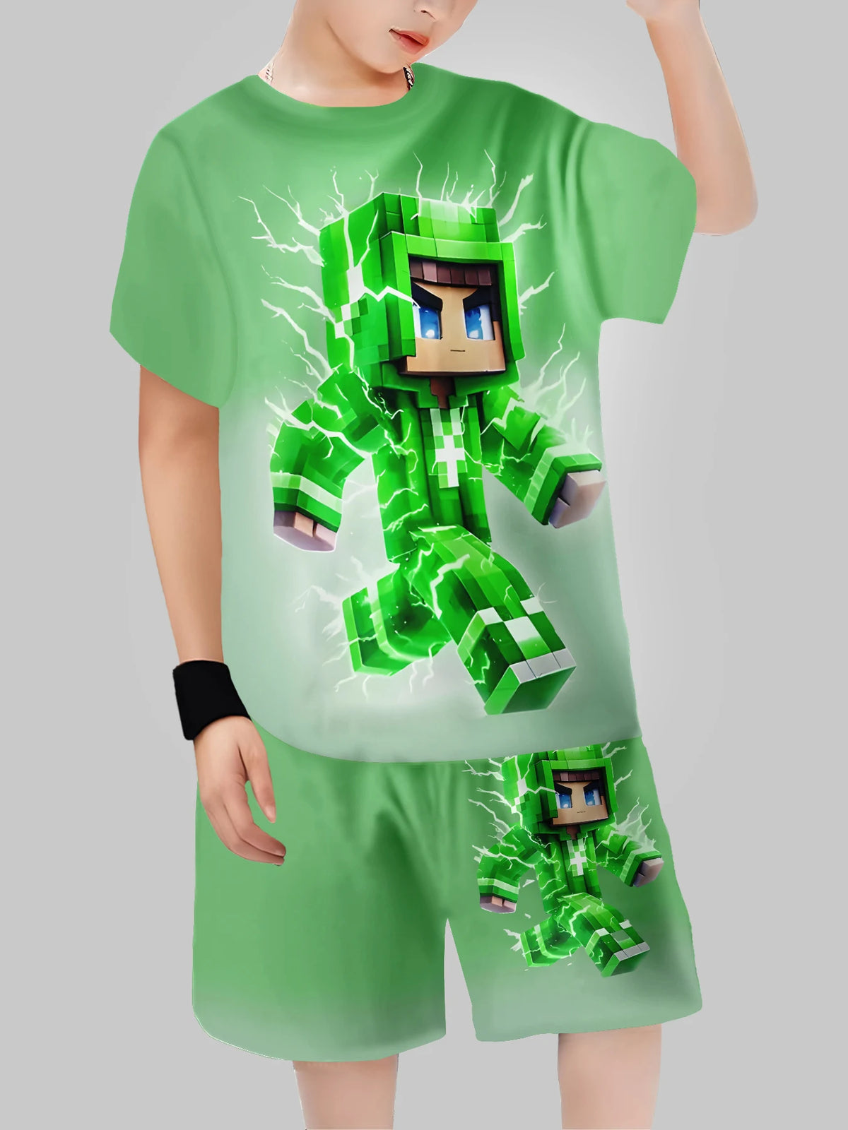 Block Man Digital Printing Casual Short + T-shirt Boys