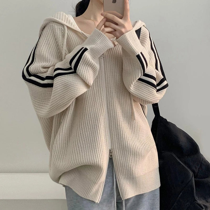 Double Zipper Knitted Cardigans Women Autumn Winter Thicken Warm Hooded Sweater