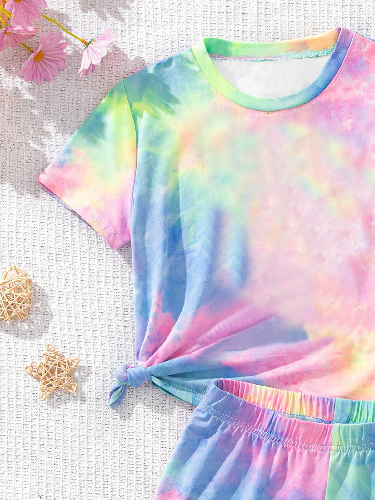 Girls 2Pcs Tie-Dye K-POP Cute Idol Print T-Shirt & Shorts