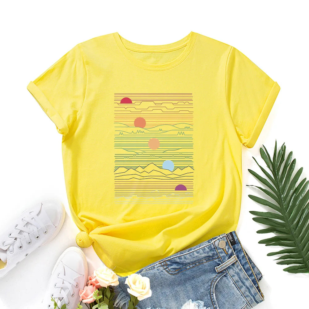 100% Cotton Summer T-Shirt Woman Loose Shirts Fashion Sunrise Print