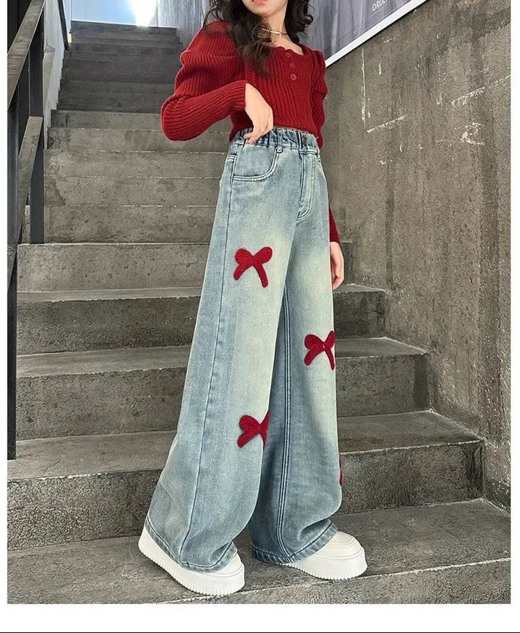 Girls Loose Wide-leg Jeans Soft Trousers Children Bowknot Embroidery Straight Denim Pants Spring Autumn Clothing 5-12 Years
