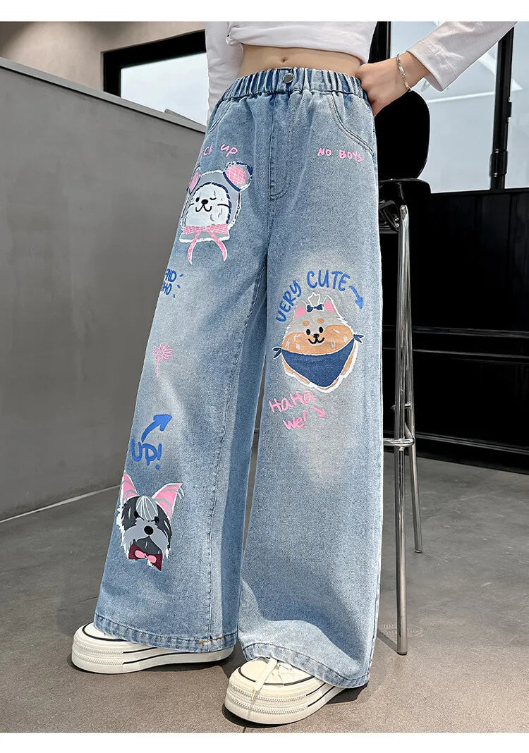 Girls' Cartoon Print Jeans Autumn Teenage Children's Fashion Wide Leg Denim Pants Kids Spring Outwear