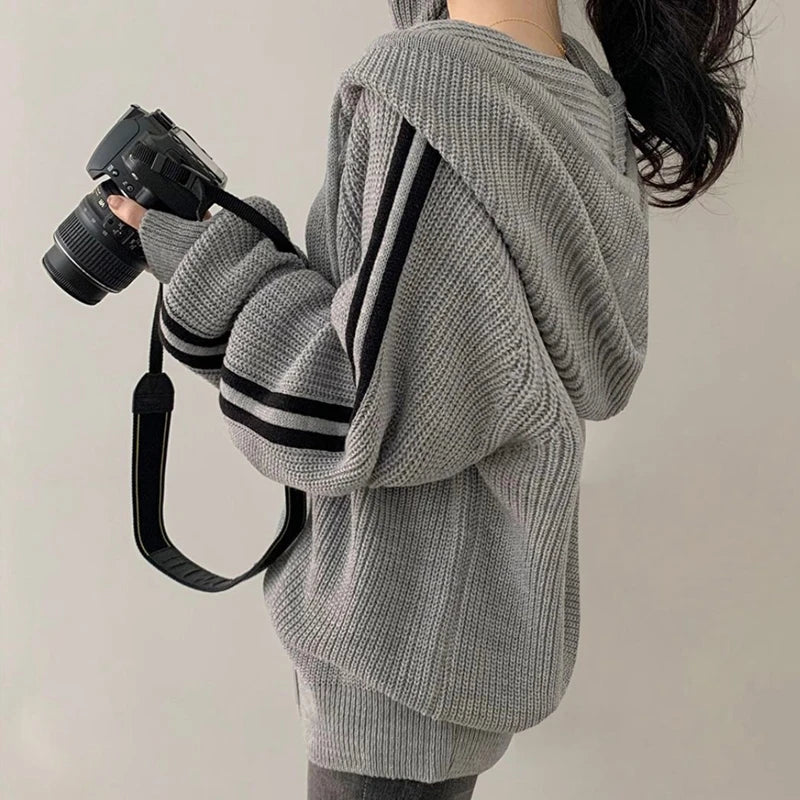 Double Zipper Knitted Cardigans Women Autumn Winter Thicken Warm Hooded Sweater