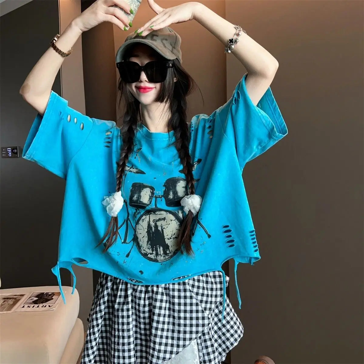 Vintage Ripped Short Sleeve T-shirts Women Casual Summer Graphic Tee Oversized