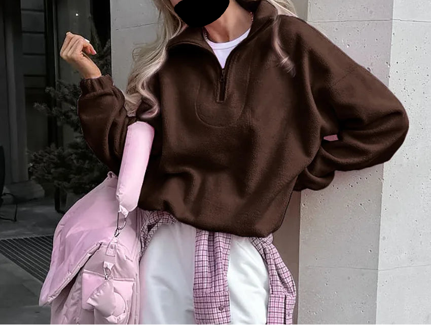 Women Autumn Winter Fleece Hoodies Elegant Stand Collar Zipper Loose Sweatshirt Elegant Solid Pullover Casual Top Streetwear