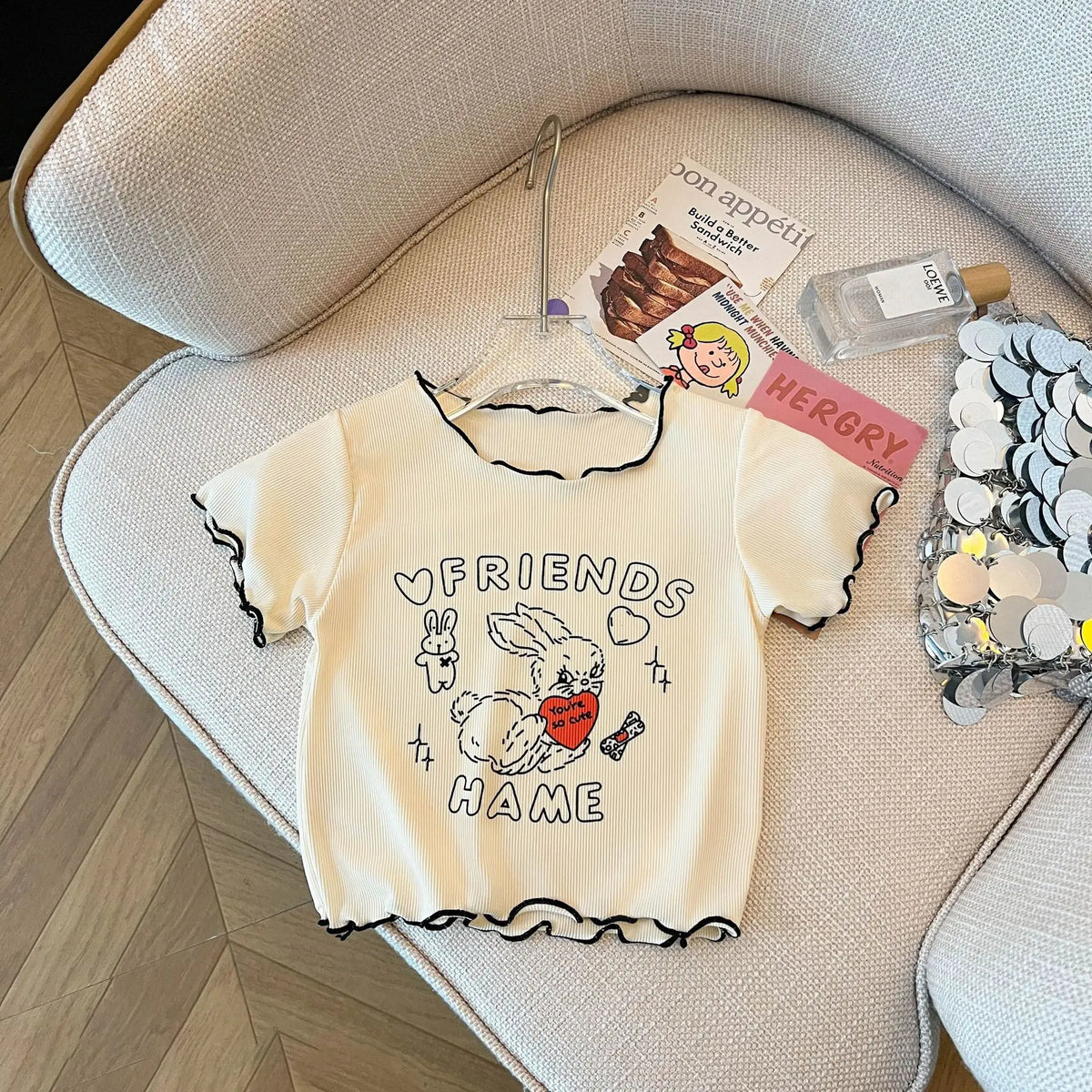Girls Cartoon Print Ruffle Trim T-Shirt