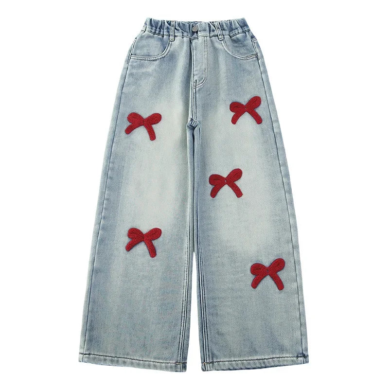 Girls Loose Wide-leg Jeans Soft Trousers Children Bowknot Embroidery Straight Denim Pants Spring Autumn Clothing 5-12 Years