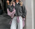 Women Autumn Winter Fleece Hoodies Elegant Stand Collar Zipper Loose Sweatshirt Elegant Solid Pullover Casual Top Streetwear