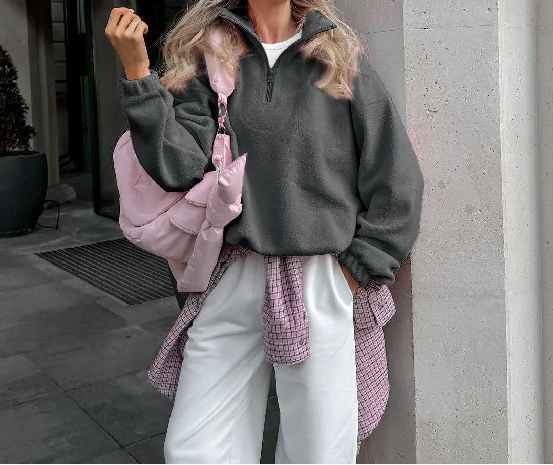 Women Autumn Winter Fleece Hoodies Elegant Stand Collar Zipper Loose Sweatshirt Elegant Solid Pullover Casual Top Streetwear