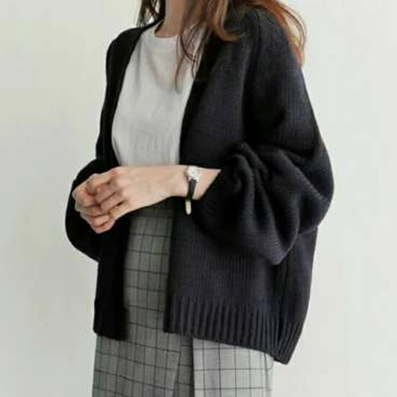 Autumn Fashion Women Loose Knitted Cardigan Short Sweater Jacket V Neck New Casual Office Solid Color Elegant Long Sleeve Coats