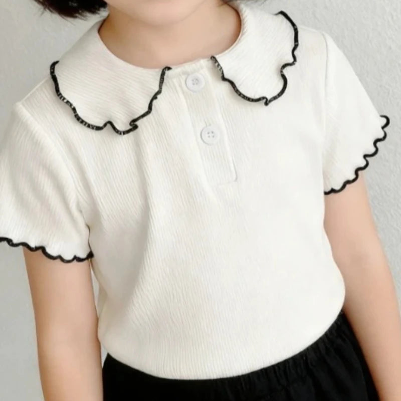 Girls' Summer Short-Sleeve T-Shirt Children Little Doll Collar Top Baby Summer Thin Half-Sleeve Base Shirt