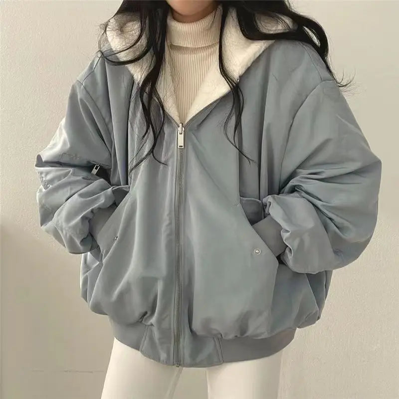 Fashion Double Sided Thicken Parkas Women Winter Warm Fleece Loose Coats Zipper Jacket