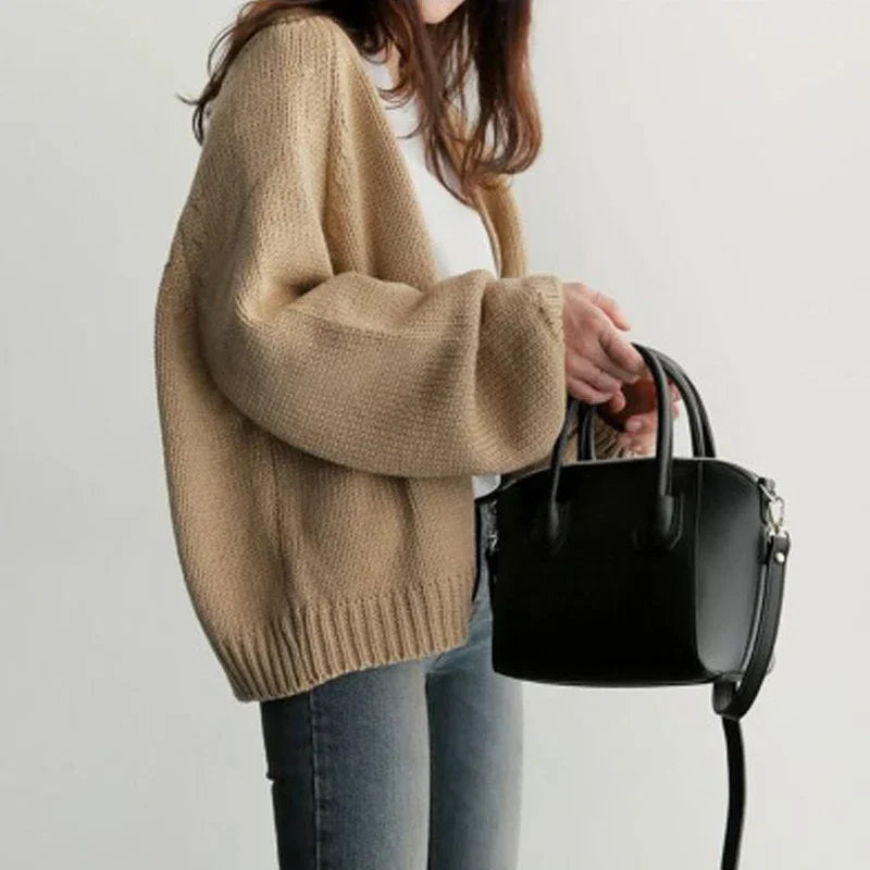 Autumn Fashion Women Loose Knitted Cardigan Short Sweater Jacket V Neck New Casual Office Solid Color Elegant Long Sleeve Coats