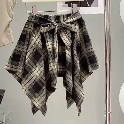 T-shirt+Plaid Irregular Skirt 2Pcs