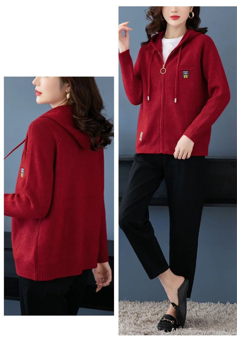 Fall/Winter New Knitted Cardigan Coat Women Hooded  Jacket Fashion