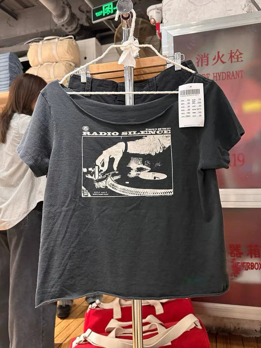 Vintage T Shirt Women Casual Summer White Round Neck Short