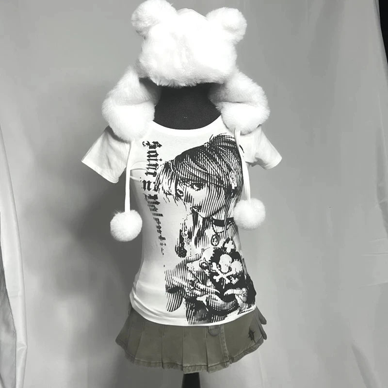 Streetwear O-neck 90s Text Printing Tops Women