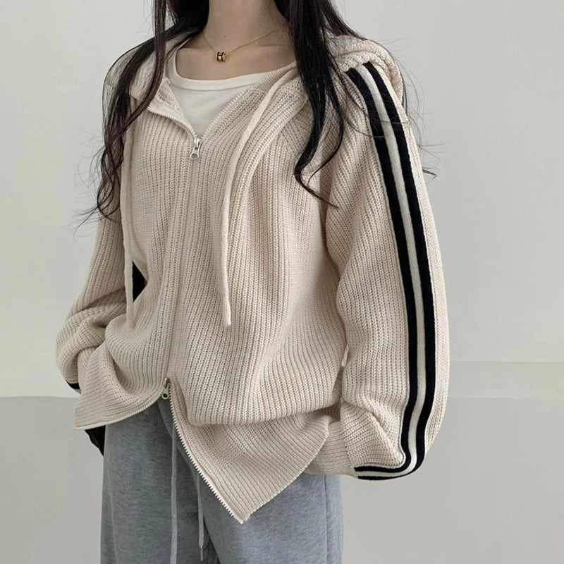 Double Zipper Knitted Cardigans Women Autumn Winter Thicken Warm Hooded Sweater