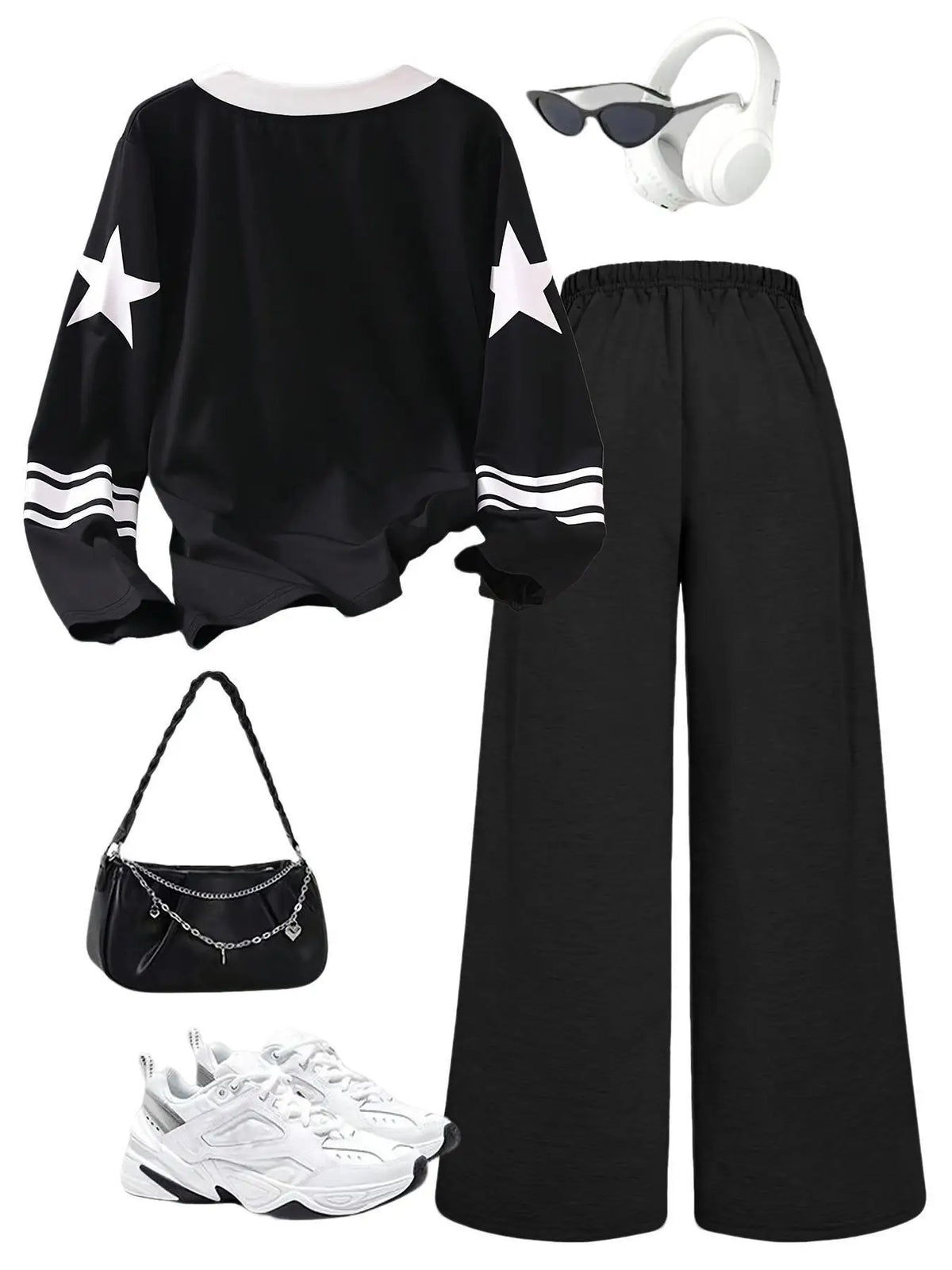 2-Piece Casual Outfit: Teen Girls' Digital Print Long Sleeve Top + Black Pants