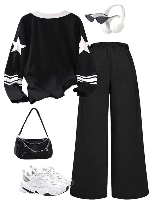 2-Piece Casual Outfit: Teen Girls' Digital Print Long Sleeve Top + Black Pants