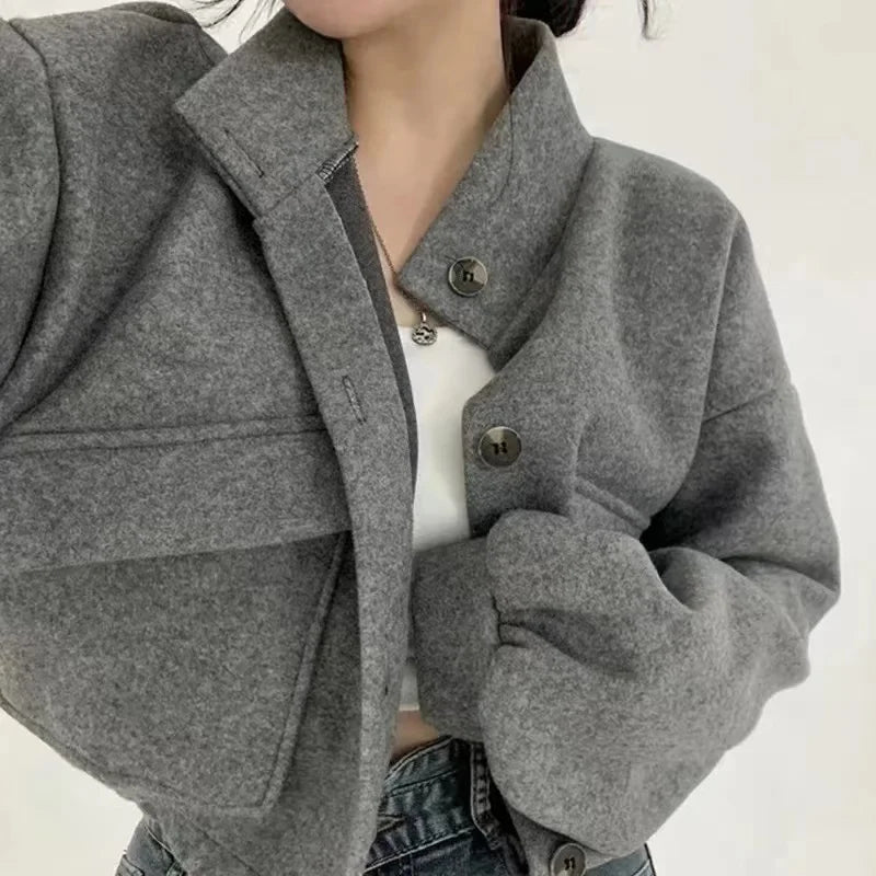 Autumn Winter Short Sleeve Wide Loose Casual Wool Coat Women Solid Fashionable