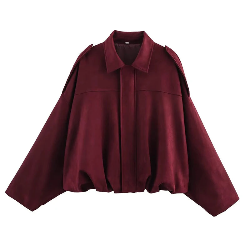 Women Suede Textured Jacket Long Sleeve Lapel Collar Loose Coats Casual Female Outerwear Chic Tops