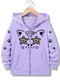 Girls Zip Up Hooded Jacket Leopard Star Eyed Cat Paw Heart Print