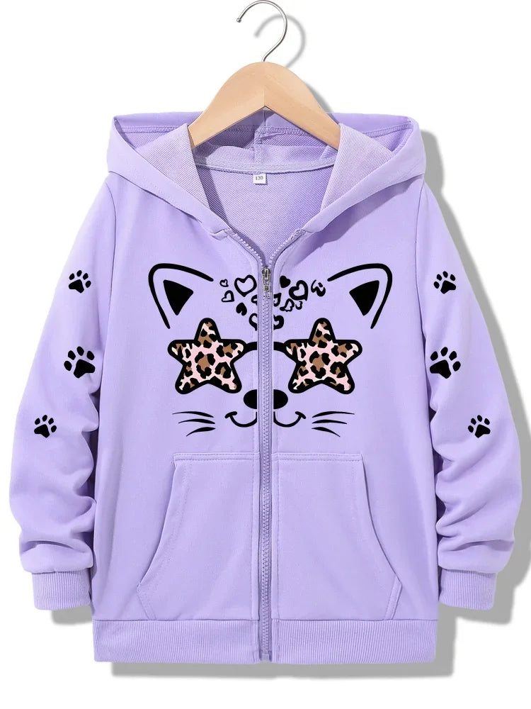 Girls Zip Up Hooded Jacket Leopard Star Eyed Cat Paw Heart Print