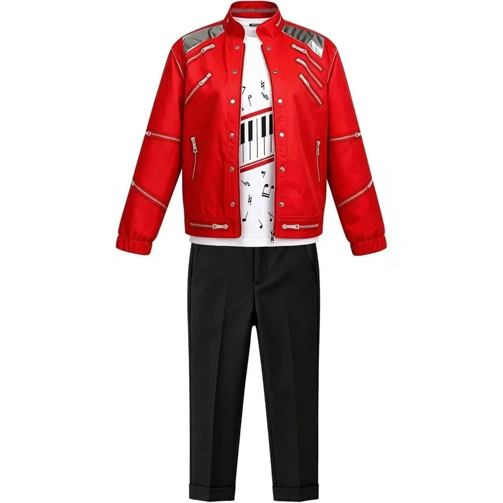 Kids Cosplay Dance Star Costume Set Red Printed 80s 90s Stage Party Outfit