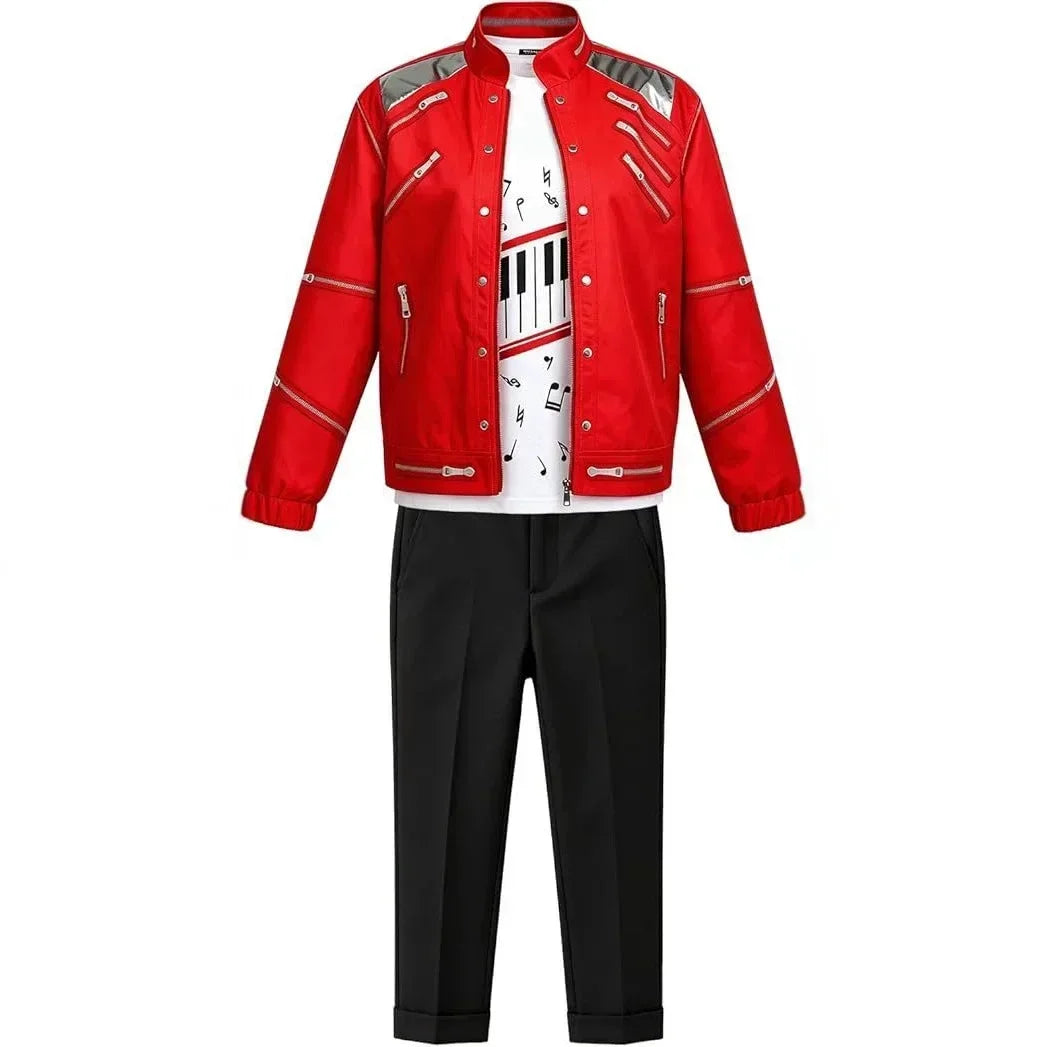 Kids Cosplay Dance Star Costume Set Red Printed 80s 90s Stage Party Outfit