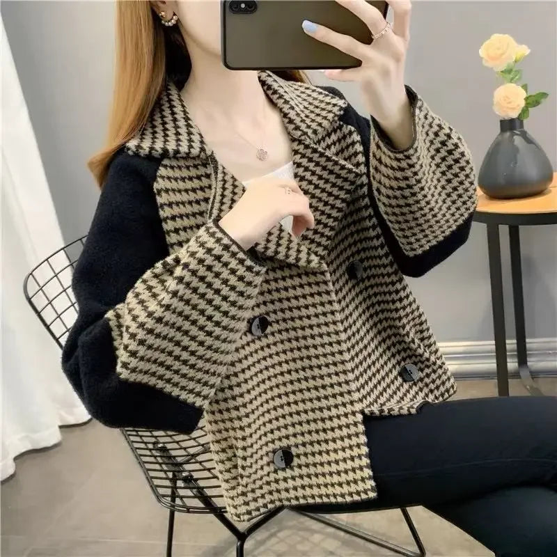 Check Short Wool & Blends Jacket for Women Blazer Coats Woman Elegant Cold Outdoor