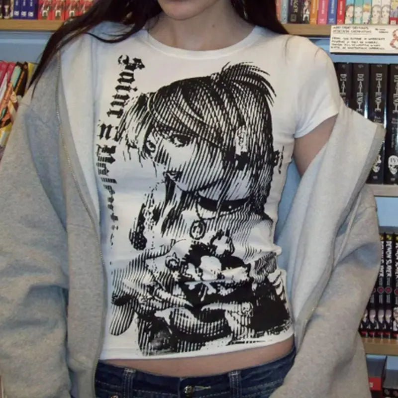 Streetwear O-neck 90s Text Printing Tops Women