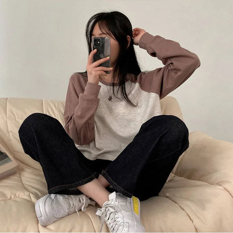 Women Spring Cotton Version Patchwork Tops Long Sleeve Sweet Loose Korean Style Leisure All-match Students