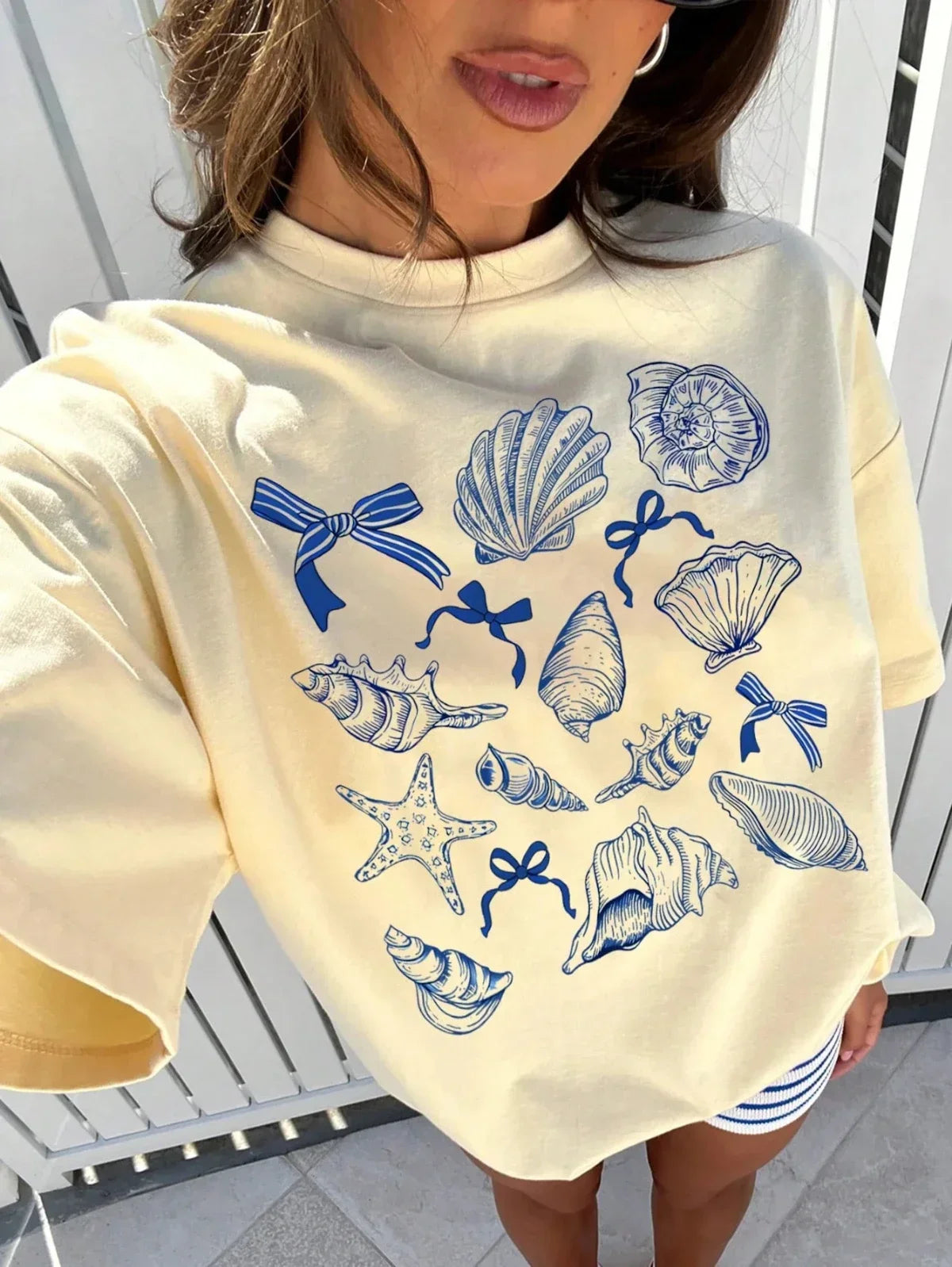 Retro Marine Animal Conch Bow Pattern Women's Top Aesthetic Clothes
