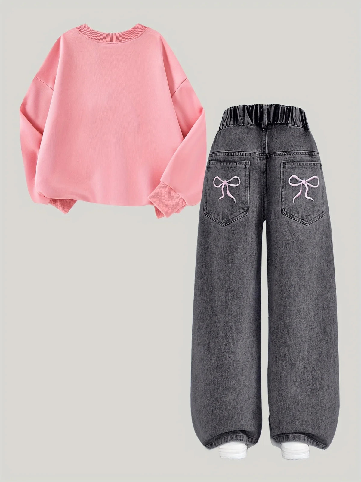 2 pcs Girls' Pink Hoodie + Black Denim Pants
