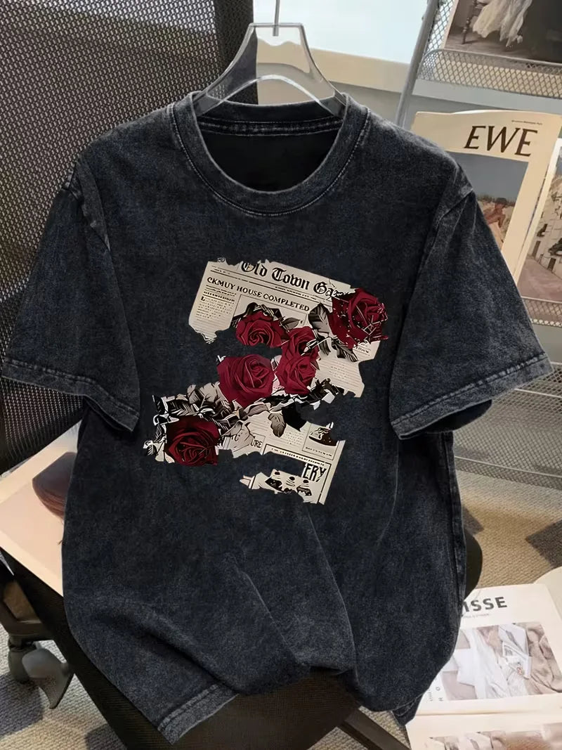 Vintage Washed T-shirt with Retro Rose Print, Women Unisex Streetwear Fashion