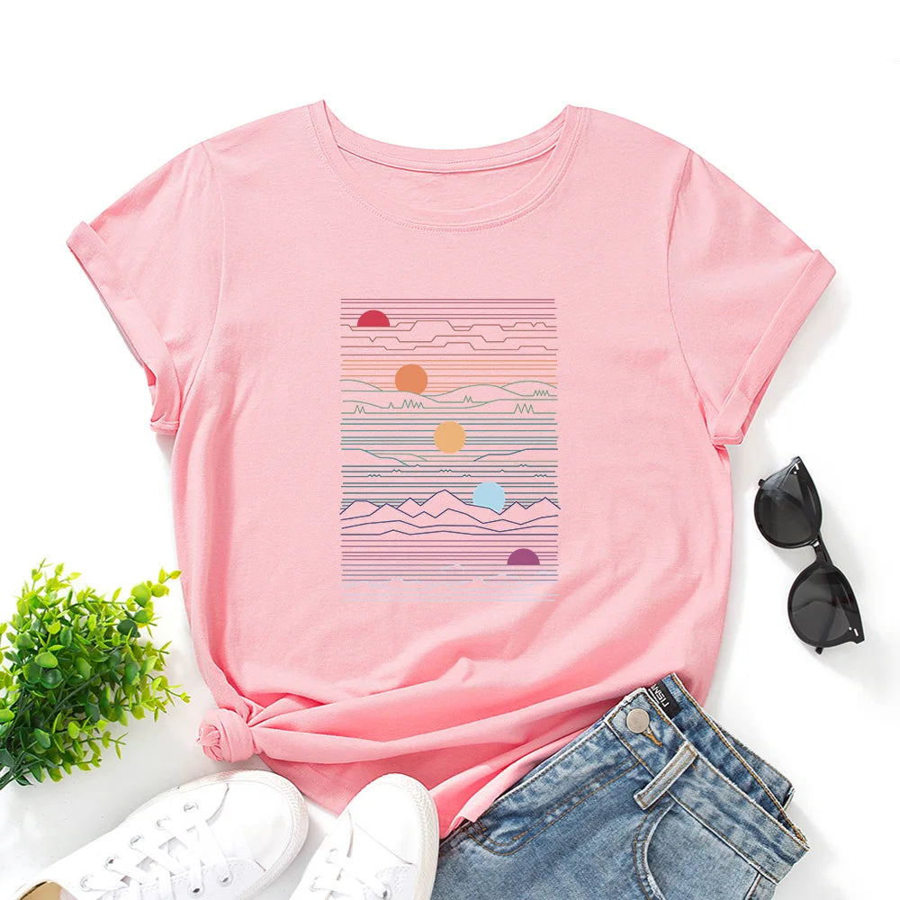 100% Cotton Summer T-Shirt Woman Loose Shirts Fashion Sunrise Print