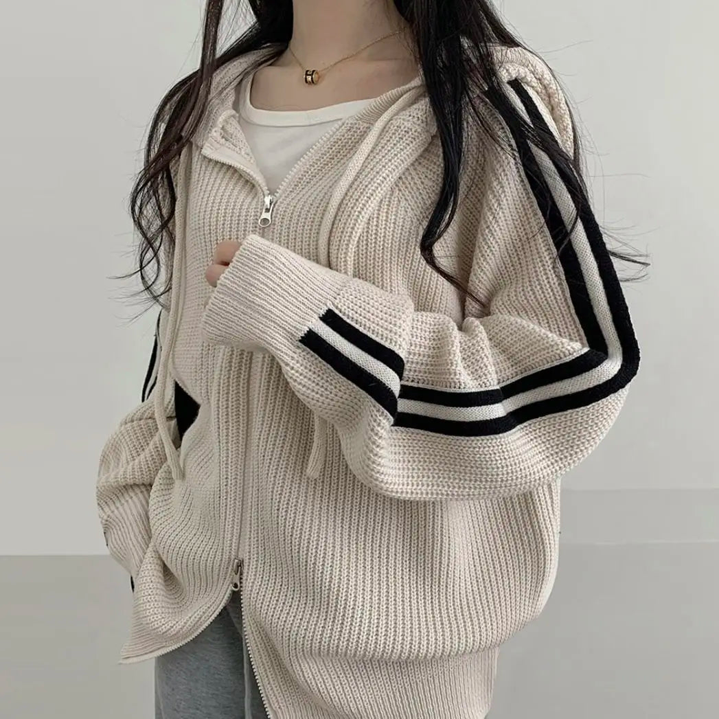 Double Zipper Knitted Cardigans Women Autumn Winter Thicken Warm Hooded Sweater