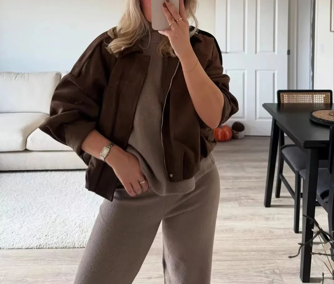 Women Suede Textured Jacket Long Sleeve Lapel Collar Loose Coats Casual Female Outerwear Chic Tops