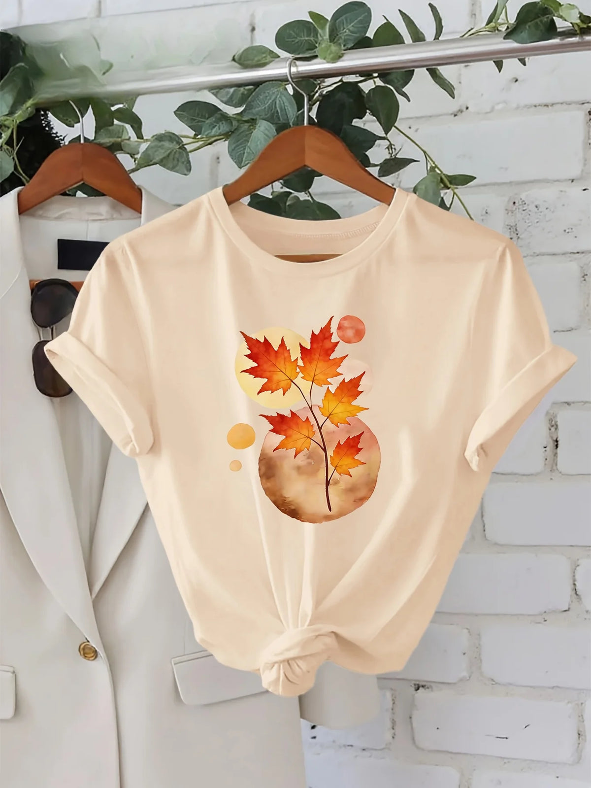 T-Shirt Casual Trendy Leaf and Flower Design Print Crew Neck Tops Graphic Vintage