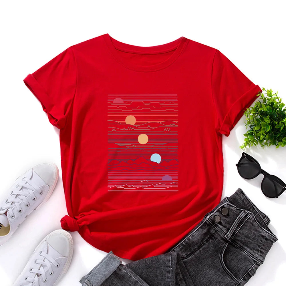100% Cotton Summer T-Shirt Woman Loose Shirts Fashion Sunrise Print