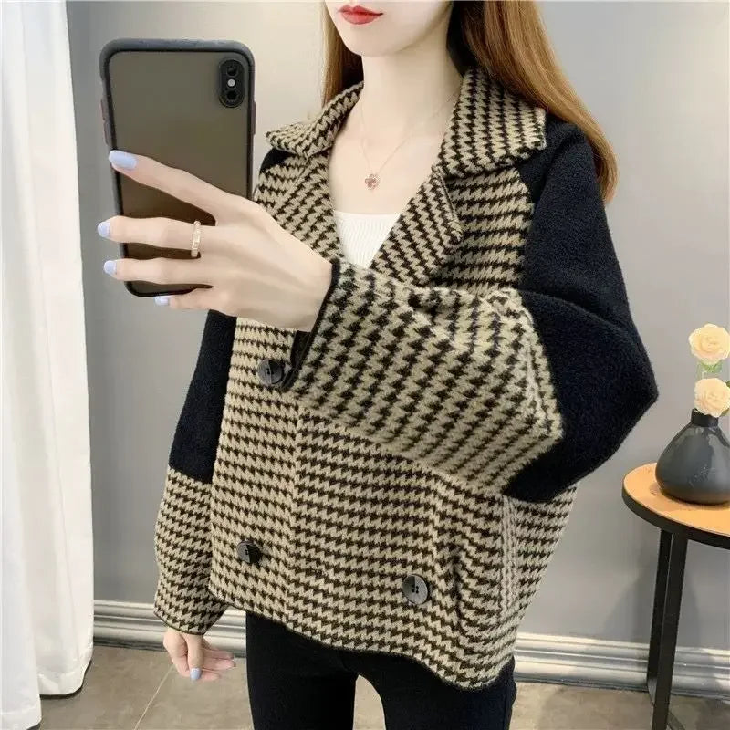 Check Short Wool & Blends Jacket for Women Blazer Coats Woman Elegant Cold Outdoor