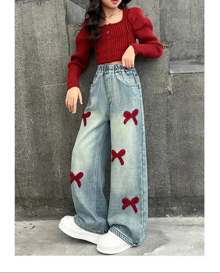 Girls Loose Wide-leg Jeans Soft Trousers Children Bowknot Embroidery Straight Denim Pants Spring Autumn Clothing 5-12 Years